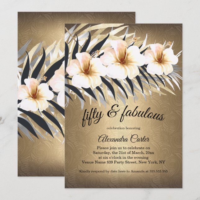 Fabulous 50 Brown Beige Silver Hibiskus Party Einladung (Vorne/Hinten)