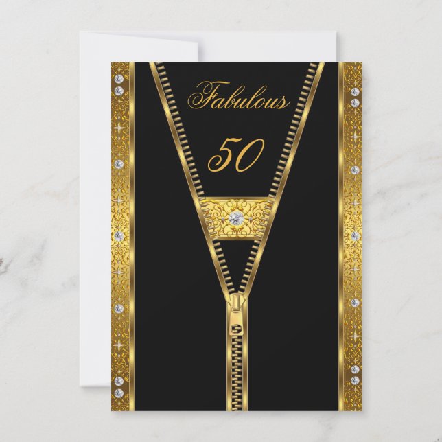Fabulous 50 elegante Zipper Diamond Gem Gold Black Einladung (Rückseite)