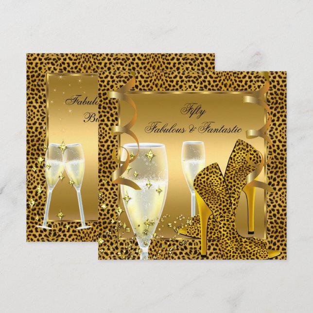 Fabulous 50 & Fantastic Leopard Black Gold Party 2 Einladung (Vorne/Hinten)