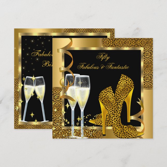 Fabulous 50 & Fantastic Leopard Black Gold Party Einladung (Vorne/Hinten)