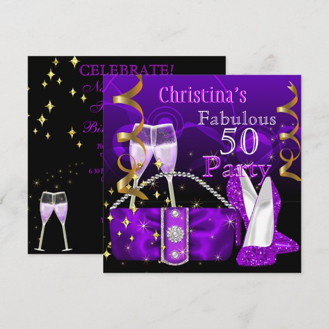 Fabulous 50 Fantastische Lila High Heels Champagne Einladung (Vorne/Hinten)