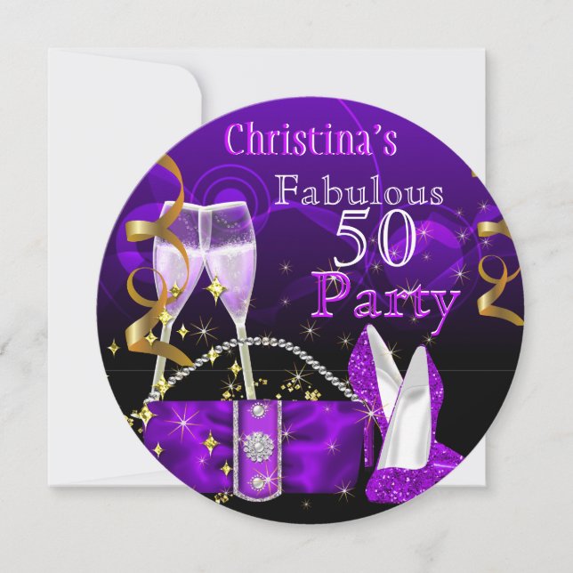 Fabulous 50 Fantastische Lila High Heels Champagne Einladung (Vorderseite)