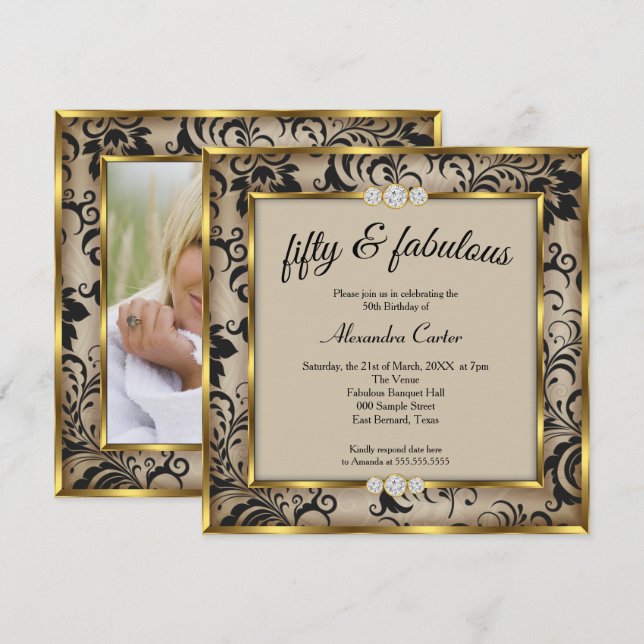Fabulous 50. Foto Beige Black Damask Gold Party Einladung (Vorne/Hinten)