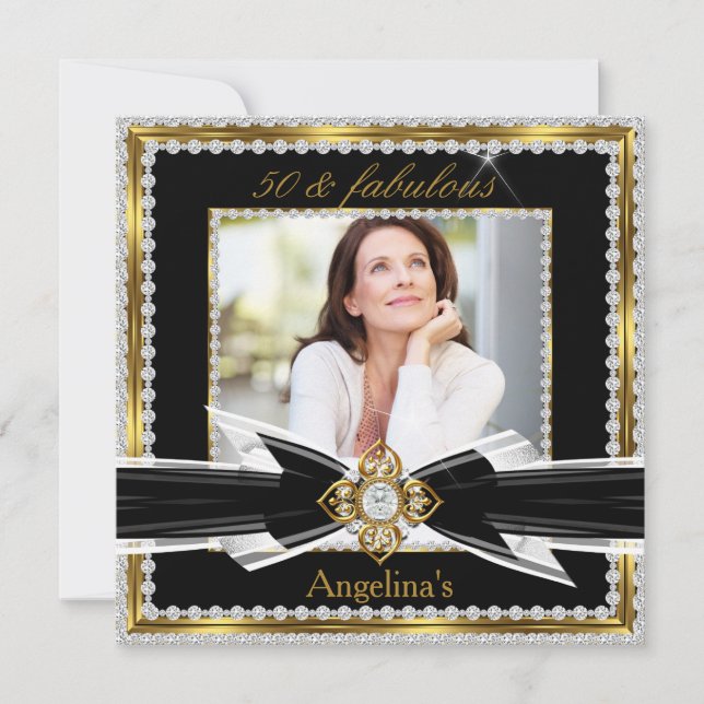 Fabulous 50 Foto Schwarz-weiß Gold Diamant 2 Einladung (Vorderseite)