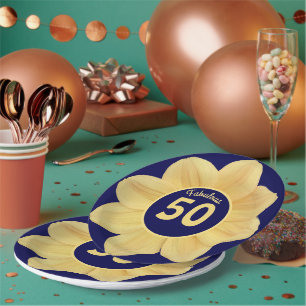 Fabulous 50. Geburtstag Blau und Gelb Blüte Pappteller