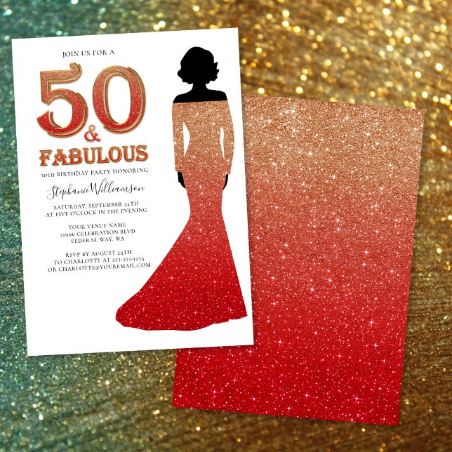 Fabulous 50. Geburtstag Ombre Glitzer Gown Einladung (Fabulous 50th Birthday Ombre Glitter Gown Invitation)