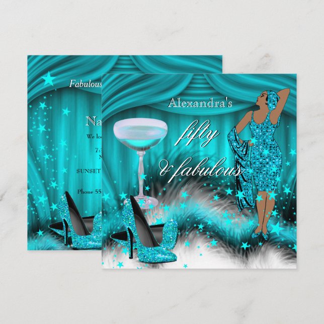Fabulous 50 Glamour Aquamarin Blue High Heel Gebur Einladung (Vorne/Hinten)