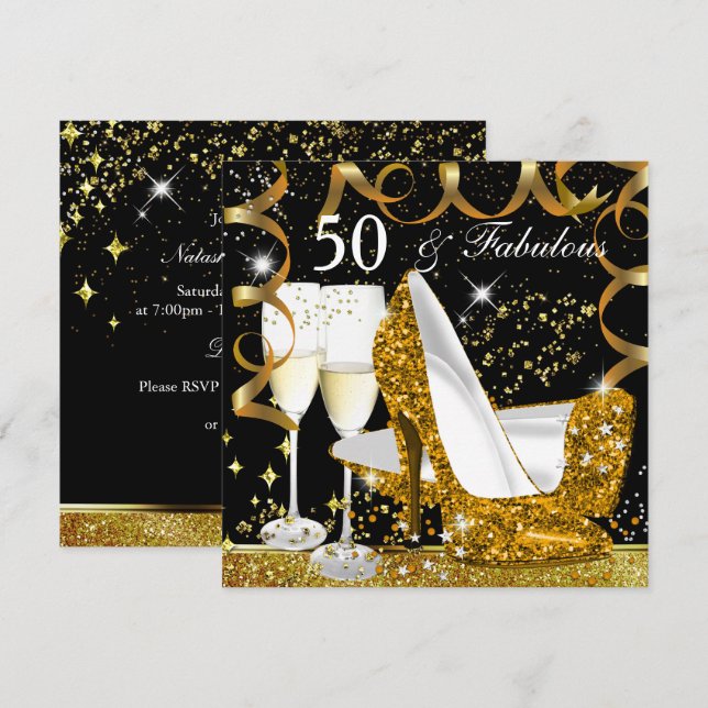Fabulous 50 Glitzer Gold Heel Glitz Glam Party Einladung (Vorne/Hinten)