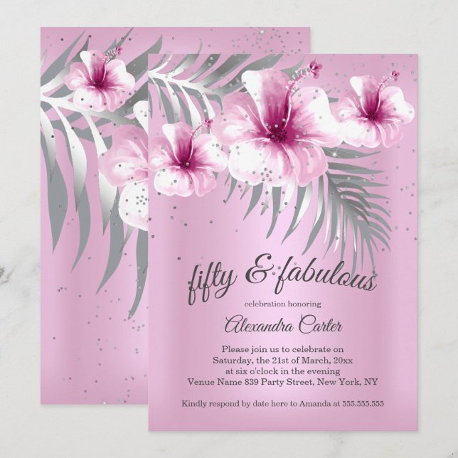 Fabulous 50 Hübsch Pink Silver Hibiskus Party Einladung (Vorne/Hinten)