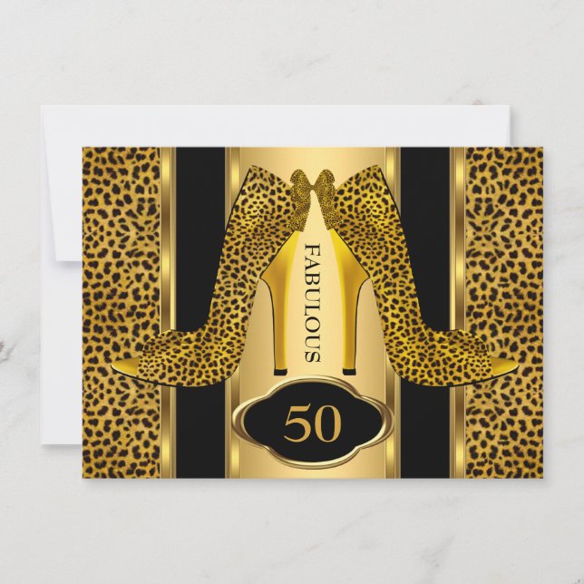 Fabulous 50 Leopard Gold Cheetah High Heels Party Einladung (Vorderseite)