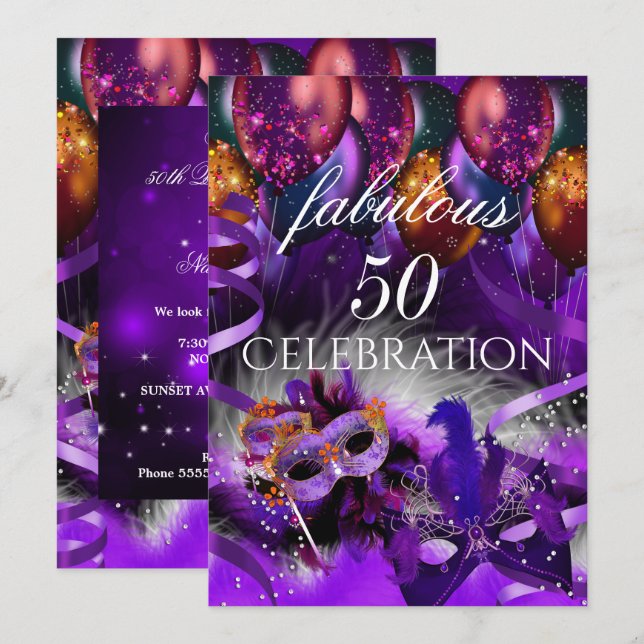 Fabulous 50 Lila Balloons Masquerade Party Einladung (Vorne/Hinten)