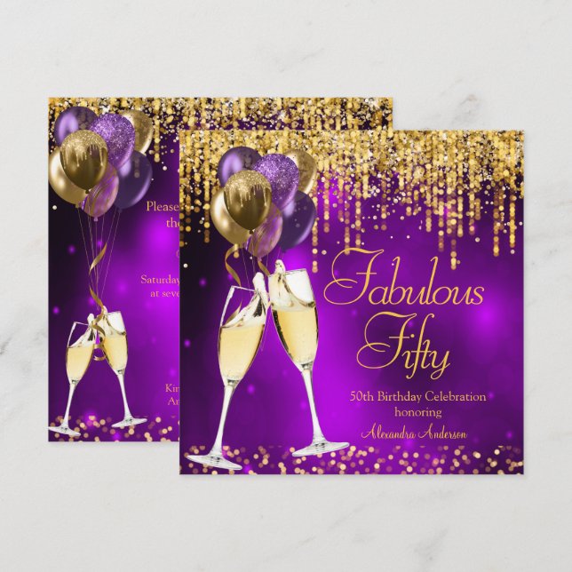 Fabulous 50 Lila Glitzer Gold Champagne SQ Einladung (Vorne/Hinten)