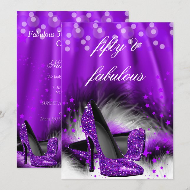 Fabulous 50 Lila Stars High Heels Birthday 2 Einladung (Vorne/Hinten)