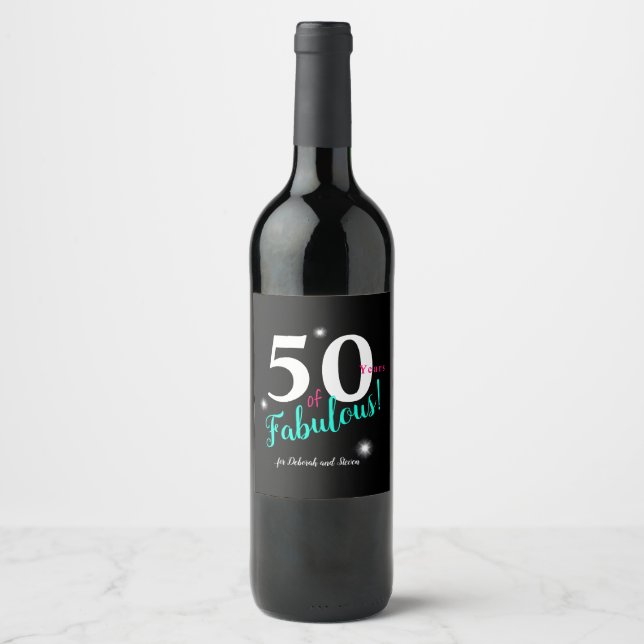 Fabulous 50, lustig pink, aquamarin, Schwarz-weiße Weinetikett (Vorderseite)