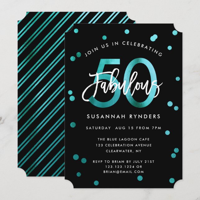 Fabulous 50 | Moderne Elegante Girly Aquamarin Geb Einladung (Vorne/Hinten)
