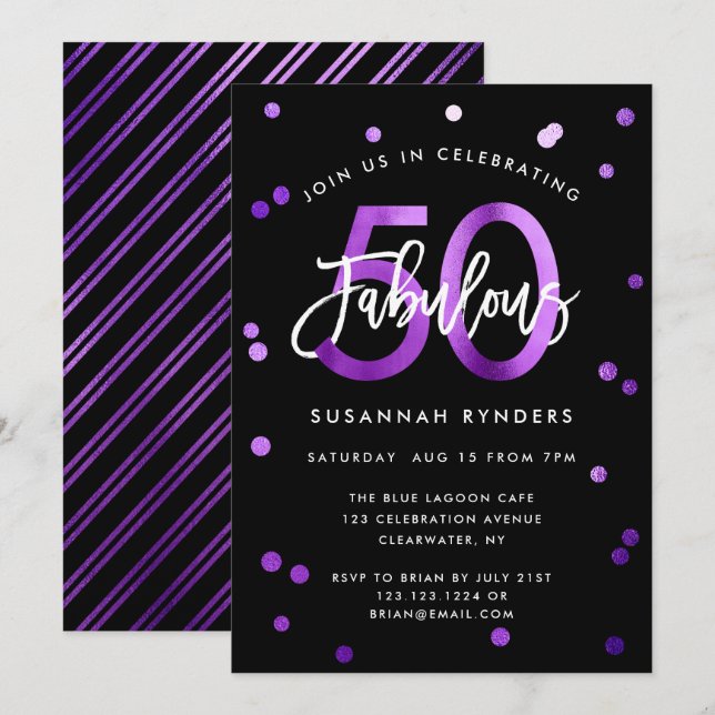 Fabulous 50 | Moderner Chic Lila gebürstet Geburts Einladung (Vorne/Hinten)
