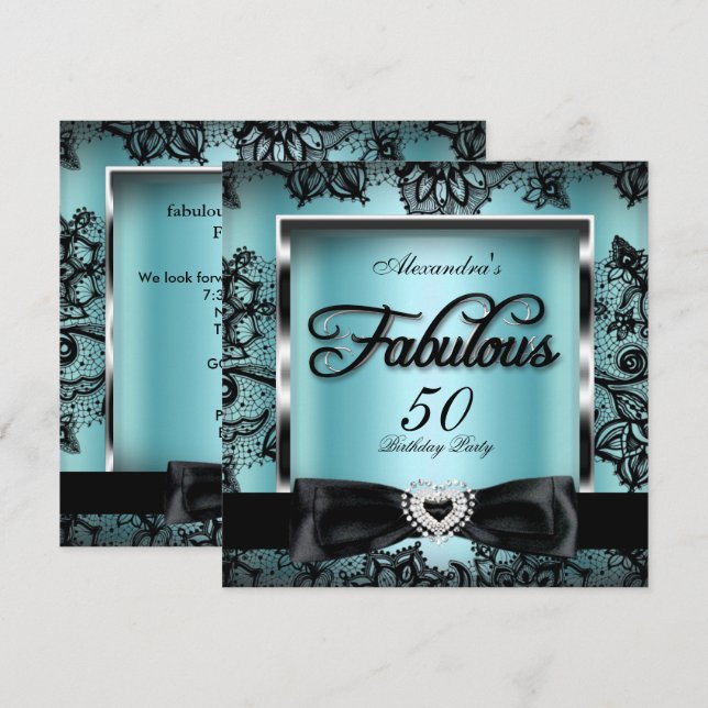 Fabulous 50 Party Aquamarin Blue Damask Black Lace Einladung (Vorne/Hinten)