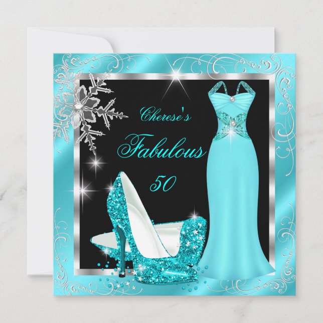 Fabulous 50 Party Aquamarin Blue Silver Dress Heel Einladung (Vorderseite)