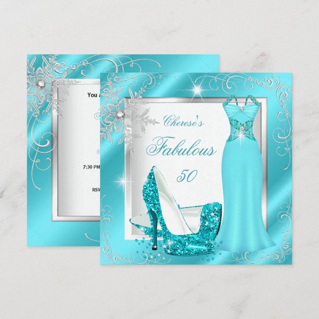 Fabulous 50 Party Aquamarin Blue Silver Dress Heel Einladung (Vorne/Hinten)