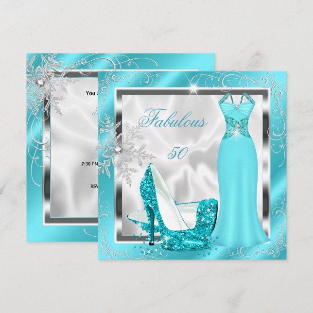 Fabulous 50 Party Aquamarin Blue Silver Dress Heel Einladung (Vorne/Hinten)