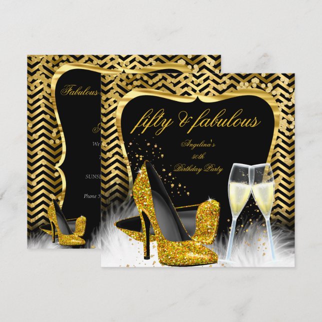 Fabulous 50 Party Black Gold Zickzack Champagne Einladung (Vorne/Hinten)