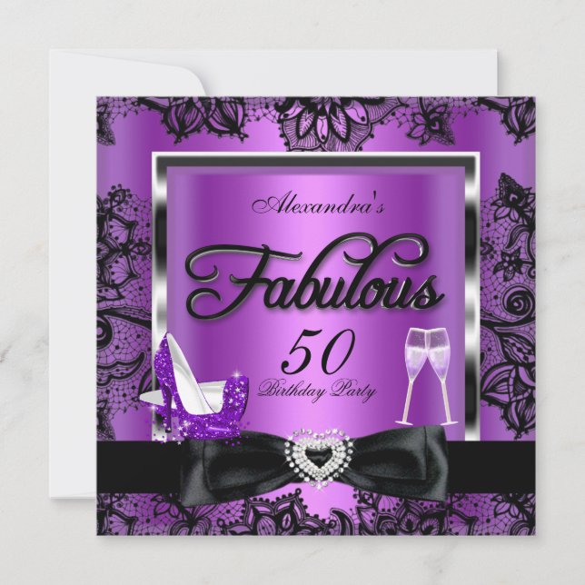 Fabulous 50 Party Lila Champagner High Heels Einladung (Vorderseite)