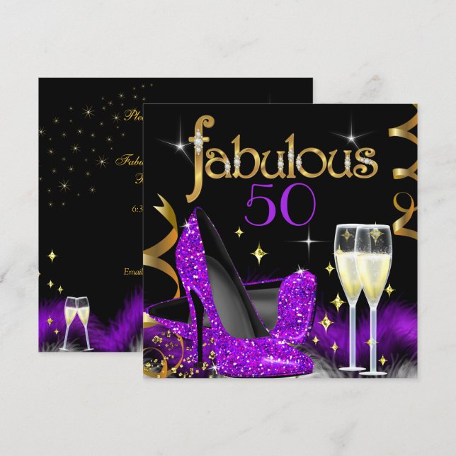 Fabulous 50 Party Lila High Heels Gold Black Einladung (Vorne/Hinten)