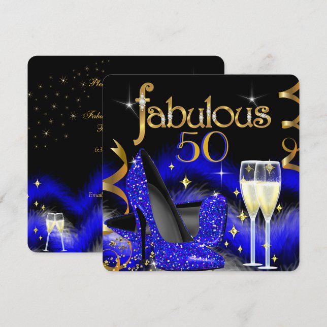 Fabulous 50 Party Royal Blue High Heels Gold Black Einladung (Vorne/Hinten)