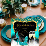 Fabulous 50 Party Teal Gold Champagne Glitter Heel Einladung<br><div class="desc">Fabulous 50 Champagne Glitter High Heels Shoes, Teal Blue Gold, Silver White, 50th Birthday Party, Sparkle and feathers. Invitation Birthday Party. Fabulous Elegant Events for Women, Party Invites for all ages, just customize to the age you want! Elegant Birthday Party Ornate Party birthday invites Template Celebration Party Invitation. Customize with...</div>