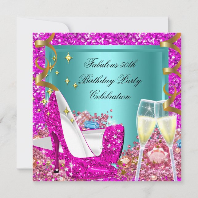 Fabulous 50 Pink Aquamariner Glitzer High Heel Geb Einladung (Vorderseite)