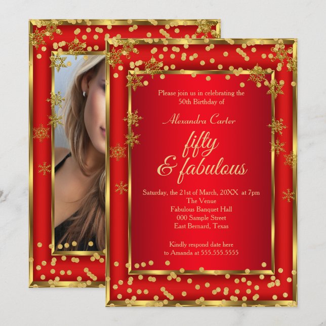 Fabulous 50 Red Foto Gold Snowflake Party Einladung (Vorne/Hinten)