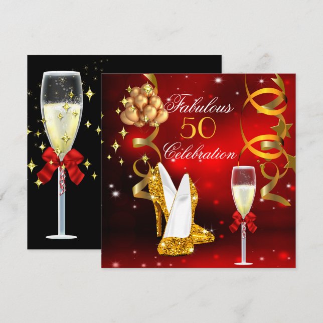 Fabulous 50 Red Gold High Heel Champagne Party 2 Einladung (Vorne/Hinten)