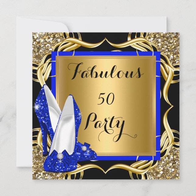 Fabulous 50 Royal Blue Heelses Black Glitzer Gold Einladung (Vorderseite)