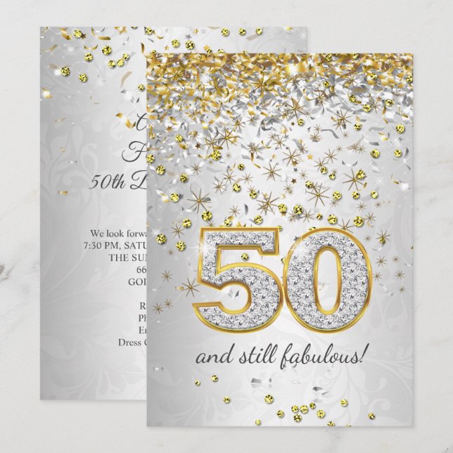 Fabulous 50 Silbergoldstreamers 50. Party Einladung (Vorne/Hinten)