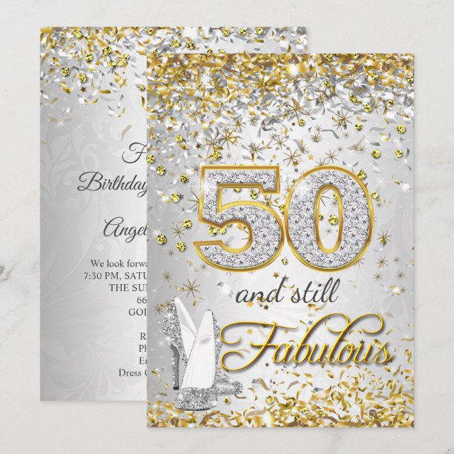 Fabulous 50 Silbergoldvergoldung High Heels Party Einladung (Vorne/Hinten)