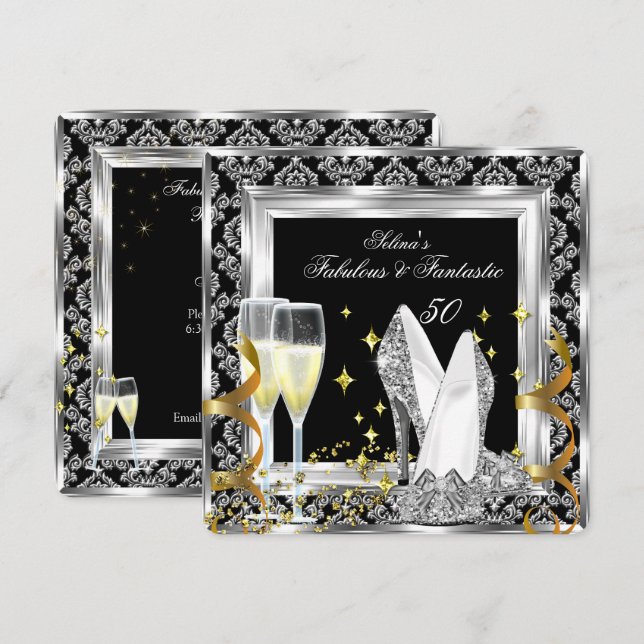 Fabulous 50 Silver Damask Black Birthday Party Einladung (Vorne/Hinten)