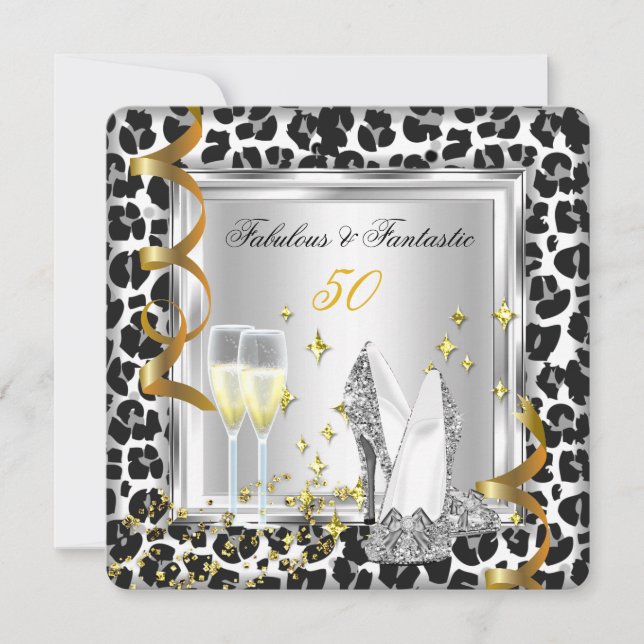 Fabulous 50 Silver Heelses Leopard Gold Geburtstag Einladung (Vorderseite)