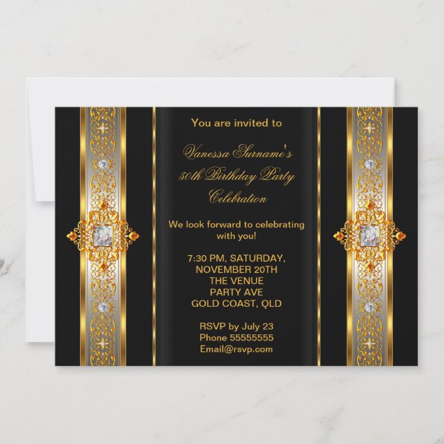 Fabulous 50 Super Elegant Birthday Gold Black Einladung (Vorderseite)