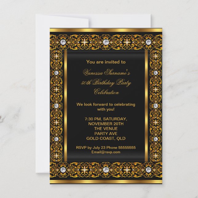 Fabulous 50 Super Elegant Diamond Gold Black 3 Einladung (Vorderseite)
