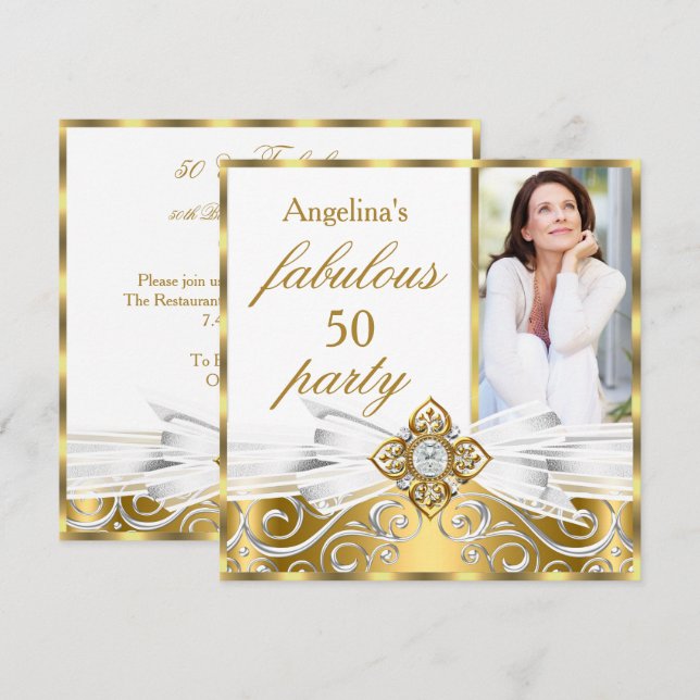 Fabulous 50 White Gold Imitate Diamond Foto Geburt Einladung (Vorne/Hinten)