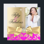 Fabulous 50th Pink Gold Leaf & Bow 50th Birthday Einladung<br><div class="desc">Fantastischer 50, Foto, Gold & Pink Bug mit Goldblattdesign. Elegante moderne und stilvolle 50. Geburtstagsparty Einladungen. Jeden Anlaß laden Foto Einladung hinzufügen. Jede Anlässe zum Geburtstag eingeladen. Passen Sie Ihre persönlichen Daten und Ihr Alter an. Template für Sweet 16, 16., Quinceanera 15., 18., 20., 21., 30., 40., 50., 60., 70.,...</div>
