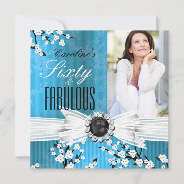 Fabulous 60 Foto Elegant Blauer Blossom Geburtstag Einladung (Vorderseite)