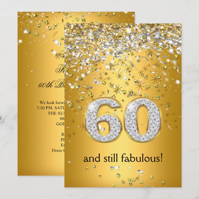 Fabulous 60 Gold Silver Streamers 60. Geburtstag Einladung (Vorne/Hinten)