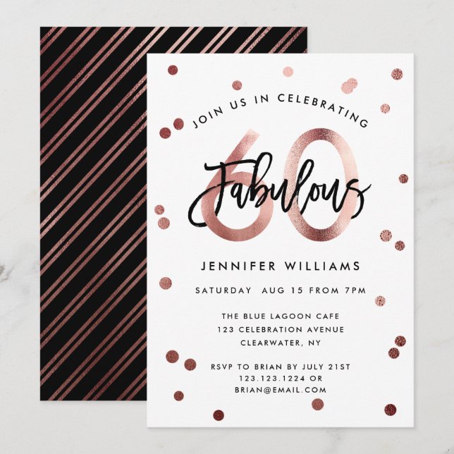 Fabulous 60. | Moderne Rose Gold Brushed Birthday Einladung (Vorne/Hinten)