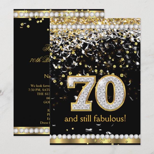 Fabulous 70 Gold Silver Streamers 70. Party Einladung (Vorne/Hinten)