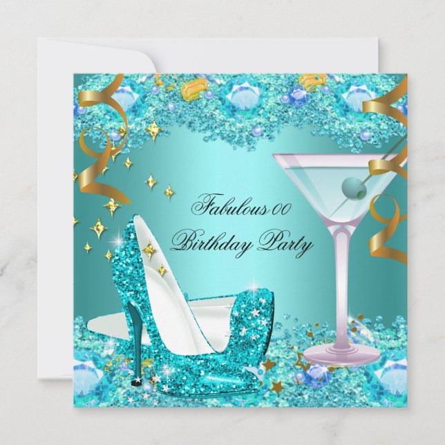 Fabulous Aquamarin Blue Glitzer High Heels Martini Einladung (Vorderseite)