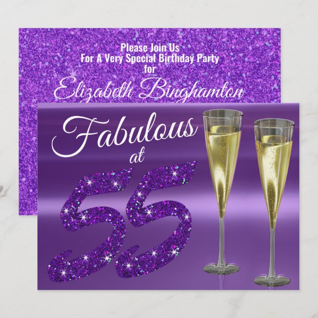 Fabulous bei 55 Girly Birthday Lila Glitzer Party Einladung (Vorne/Hinten)
