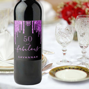 Fabulous birthday black purple glitter elegant 50 weinetikett