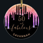Fabulous birthday black rainbow glitter sparkle keramik ornament<br><div class="desc">Trendy and glamorous for 50th (or any age) birthday. A classic black background decorated with rainbow colored faux glitter drips, paint dripping look in purple, pink and rose gold. With the text: 50 and fabulous. Personalize and add a name and age. Golden colored text. The word Fabulous is written with...</div>