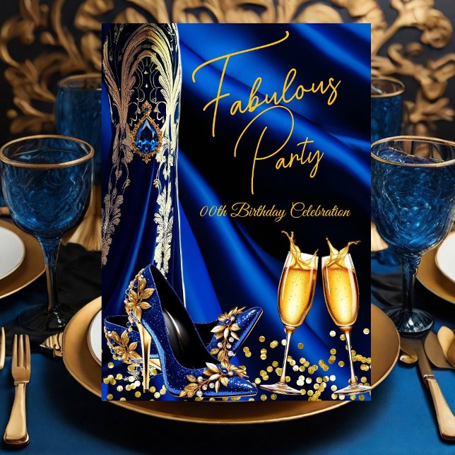 Fabulous Birthday Blue Gold Heelses Champagne Einladung (Von Creator hochgeladen)